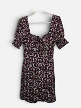Row A Black Ditsy Floral Puff Sleeve Mini Dress Size Small 90's Babydoll